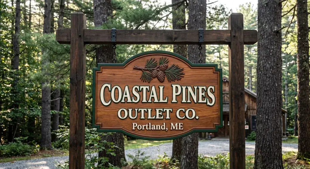 Coastal Pines Outlet Co. wood-look sign mounted between timber posts