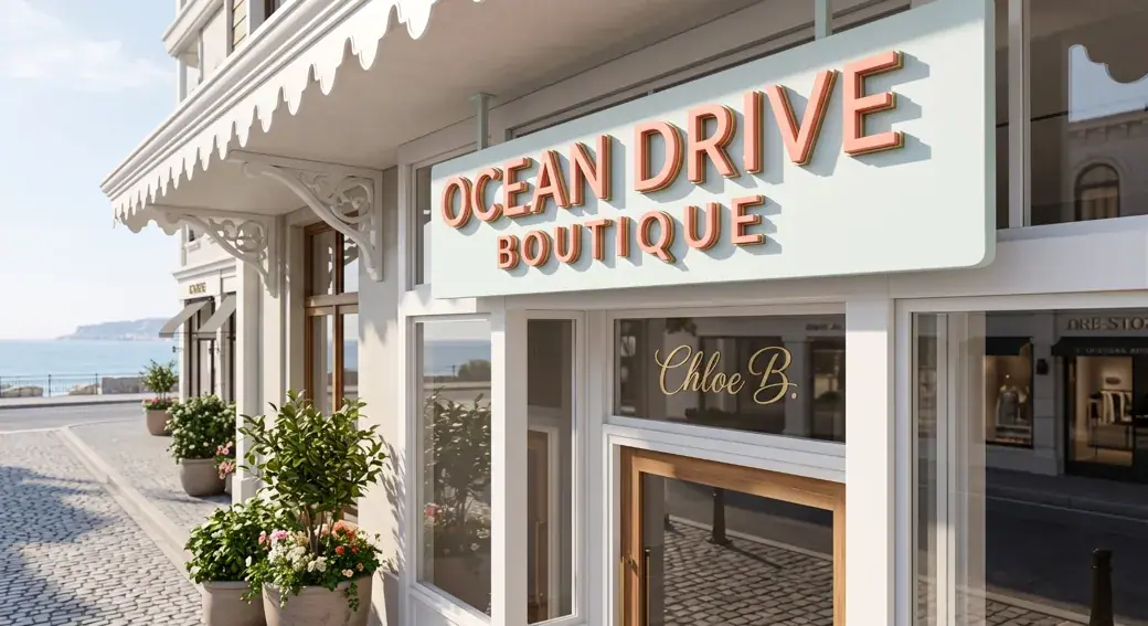 Ocean Drive Boutique dimensional storefront sign with raised coral lettering
