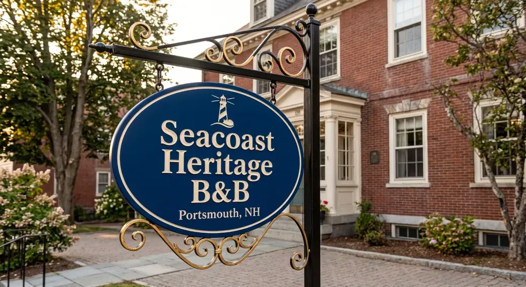 Seacoast Heritage B&B oval hanging sign with navy field and cream lettering