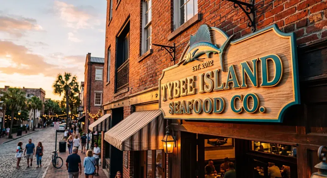 Tybee Island Seafood Co. dimensional storefront sign on brick building