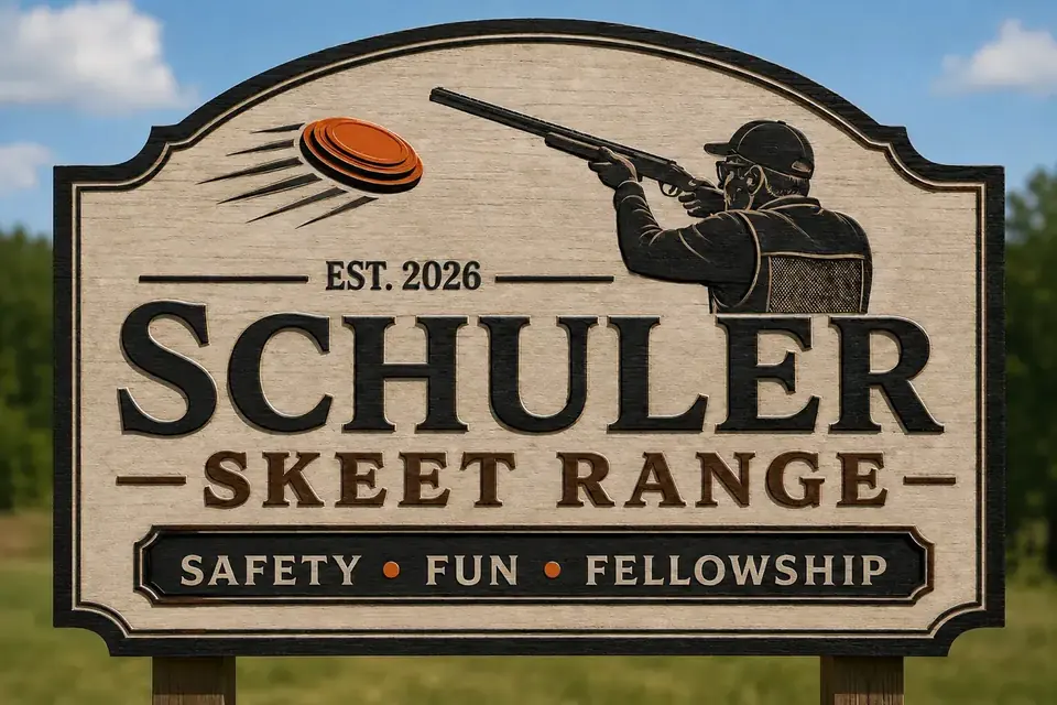 Schuler Skeet Range carved outdoor sign