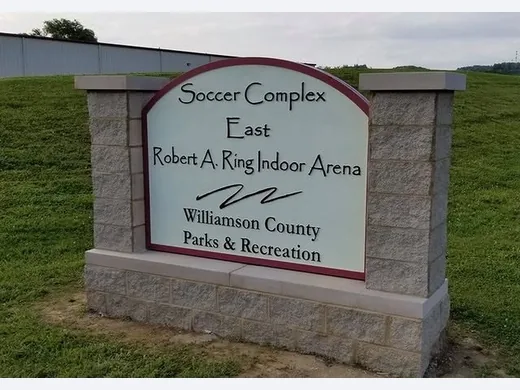 Soccer Complex East monument sign installed in a stone base for Williamson County Parks and Recreation